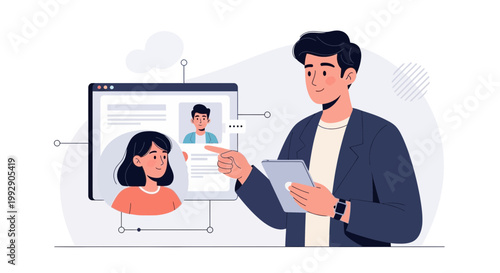 Man reviews online profiles on a tablet, digital recruitment concept