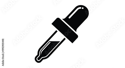 A minimalist black silhouette depicts a glass dropper filled with a dark liquid isolated on white high quality