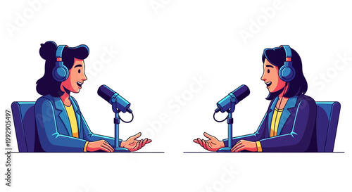 Two women podcasting with microphones and headphones.