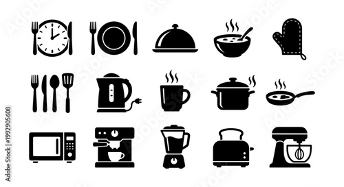 Kitchen appliance icons set, black minimalist cooking equipment symbols, 15 vector kitchenware elements for restaurant menu and home interior design
