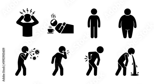 Medical symptoms icon set, sick person stick figure illustrations, health problems and disease signs vector, patient suffering from pain and illness