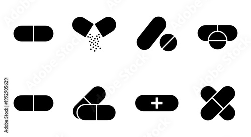 Medical pill icons set, black pharmaceutical capsule and tablet vector symbols, healthcare medication and pharmacy drug graphics for healthcare apps