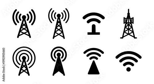 Radio tower icons set, black telecommunication antenna vector symbols, wireless signal and wifi broadcast station collection for network technology