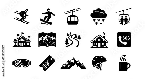 Ski resort icon set with 15 black vector silhouettes, winter sports equipment and mountain vacation symbols, minimalist outdoor recreation graphics