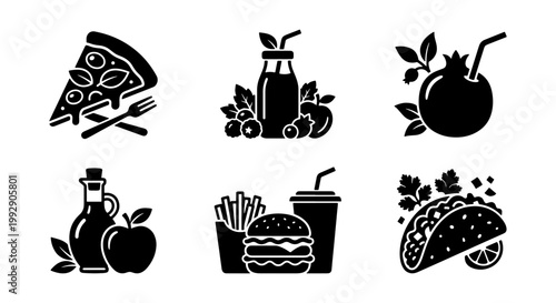 Minimalist food and drink icons set, black solid vector silhouettes of pizza burger and taco, restaurant menu graphic elements for fast food and healthy snacks