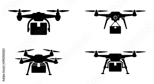 Delivery drone silhouette set, autonomous quadcopter carrying package icons, 4 vector unmanned aerial vehicle illustrations for logistics and shipping