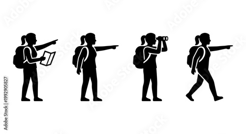 Hiking woman silhouette icon set, female traveler with backpack and map vector, girl tourist exploring with binoculars and pointing