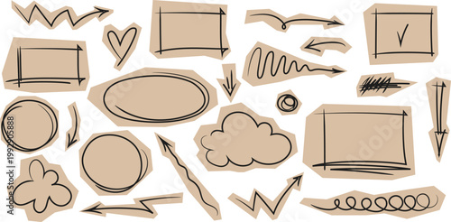 Crayon-style doodles and cutouts scrapbook element of hearts, stars, arrows, text balloons. Sketchy spark vector elements. Vintage, retro aesthetic cutouts for collages, journals, and creative crafts.
