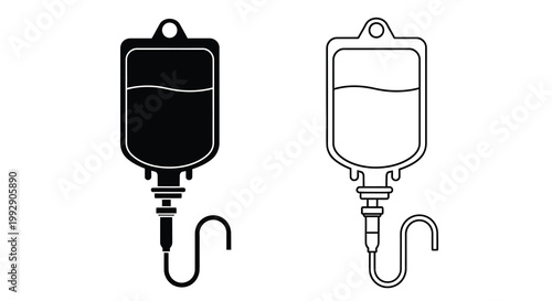 Two depictions of an iv bag with tubing one solid and one outline