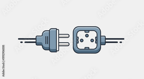 Power connection concept: vector illustration of a grey electrical plug and a wall socket for energy supply or disconnection.