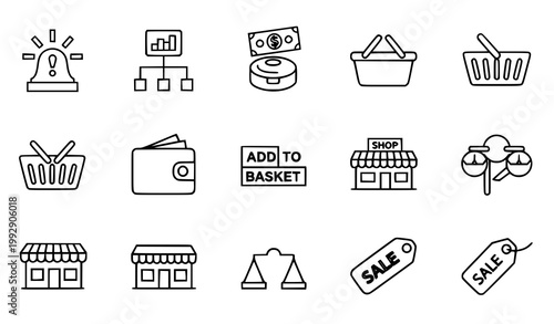 Minimal retail and business infographic icon vector set with basket wallet shop sale and chart symbols