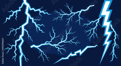 Electric lightning bolt set on a dark blue background, featuring bright energy strikes and power flashes for weather concepts.