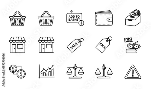 Commerce and finance icon vector set with shopping basket wallet sale and business chart symbols