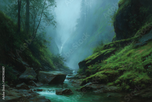 Misty forest stream landscape in painterly style