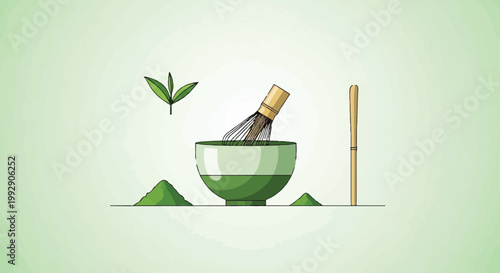 Illustration of green tea bowl with whisk and matcha powder on a green background