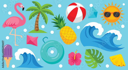 Colorful summer icons and objects on turquoise background with white dots