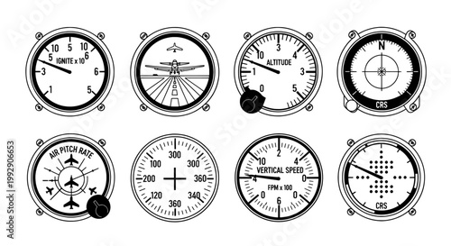 Instrument set of airplane cockpit gauges for flight navigation
