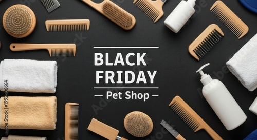 Black Friday promotion for pet shop. Grooming tools, towels, and bottles on black
