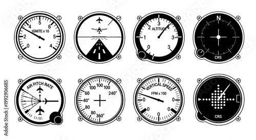 Instrument set of airplane cockpit gauges for flight navigation
