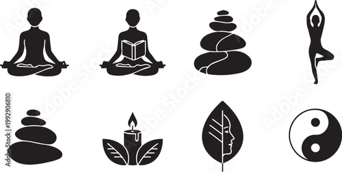 Celebrating yoga day serene black silhouette icons for wellness and mindfulness