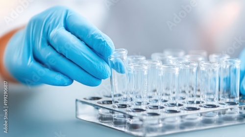 Close-up of a hand in a blue glove carefully organizing labeled medicine ampoules in a laboratory rack for research or analysis.