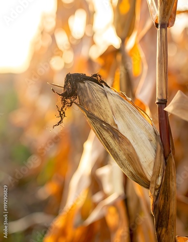 A close-up of a dry corn husk on a stalk
