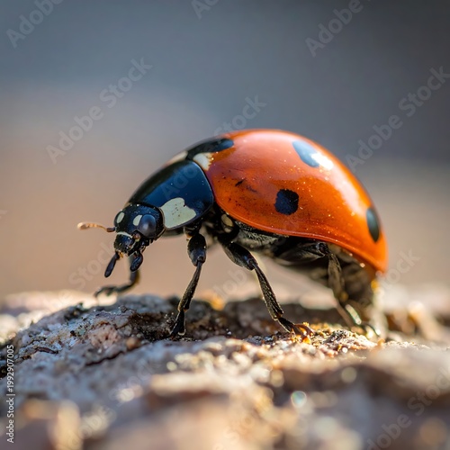 A ladybug with a vibrant orange and black shell stands on a textured surface