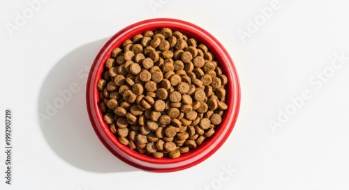 Overhead shot of a red bowl filled with brown, dry, circular kibble