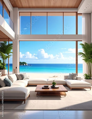A modern living room with a large window overlooking a beach