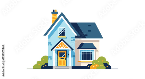 Modern Suburban House Illustration with Blue Exterior and Yellow Door Real Estate Concept