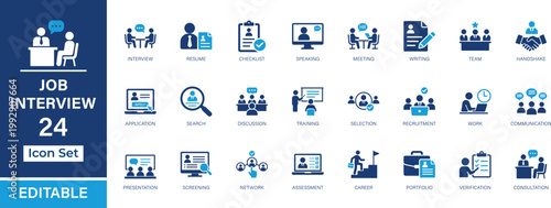 Job interview 24 solid icon set. Recruitment, hiring, resume, meeting, team, communication, career, and HR concepts for UI, UX, apps, and web. Vector collection.