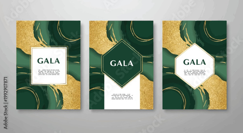 Elegant green and gold gala invitation card templates for events