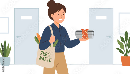 Woman holding recyclable materials and bag in office setting with plants