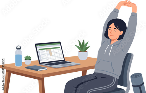 A woman stretches at her desk with a laptop and plants around her.