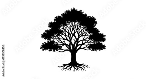 Symbolic silhouette of a stylized tree with intricate branching patterns and visible roots representing growth nature and life cycles against a clean white background perfect
