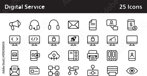 A versatile collection of 25 modern line icons depicting essential concepts of digital service, technology, business, communication, and data management