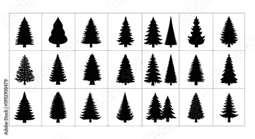 Collection of diverse black silhouette evergreen coniferous trees and pine trees arranged in a grid on a clean white background showcasing various shapes and styles for design