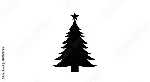 Black silhouette of a festive christmas tree adorned with a star on top isolated against a clean white background evoking holiday cheer and seasonal celebration
