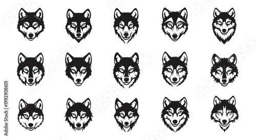 Collection of stylized wolf head illustrations in a consistent graphic design featuring bold outlines and sharp details perfect for logos icons and branding elements