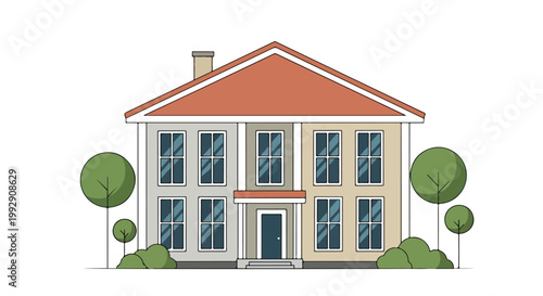 Modern Two-Story Residential House Illustration with Trees and Garden, Flat Vector Design on White Background