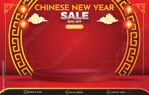 chinese new year sale discount template banner with blank space 3d podium for product sale with abstract gradient red background design
