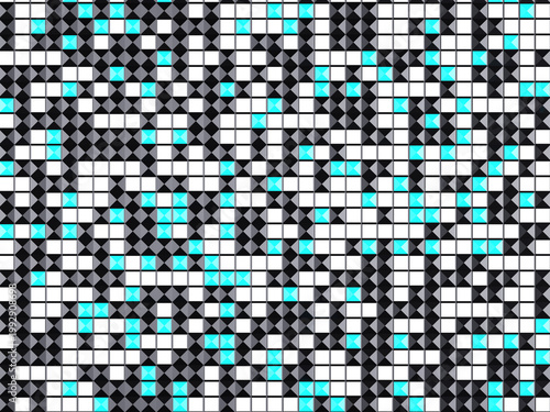 Abstract geometric pattern with black, gray, and bright cyan squares 3d render