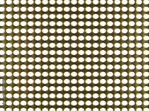 Gold metallic perforated grid pattern with black circles texture 3d render