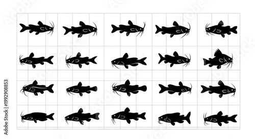 Seamless pattern of stylized black catfish silhouettes on a white grid background perfect for aquatic themes culinary use or fishing industry designs offering a clean and modern