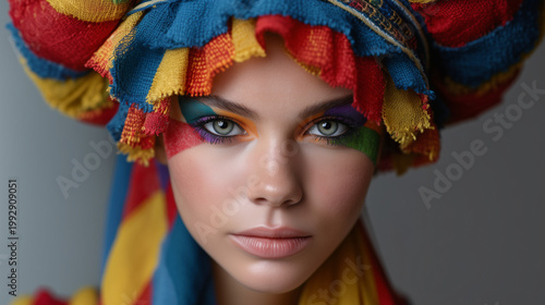 Fashion avant-garde portrait of a woman with creative face paint and multi-colored headwrap