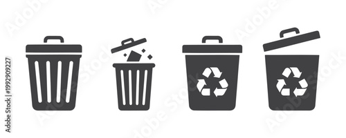 Four gray trash can icons on white background