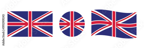 Three united kingdom flags in different shapes isolated on white background