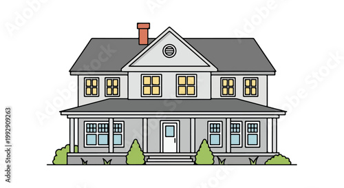 Modern Two-Story Residential House Illustration with Front Porch Windows and Chimney Isolated on White Background