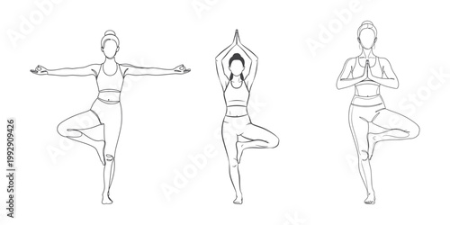 Three women in different tree yoga poses isolated on white background