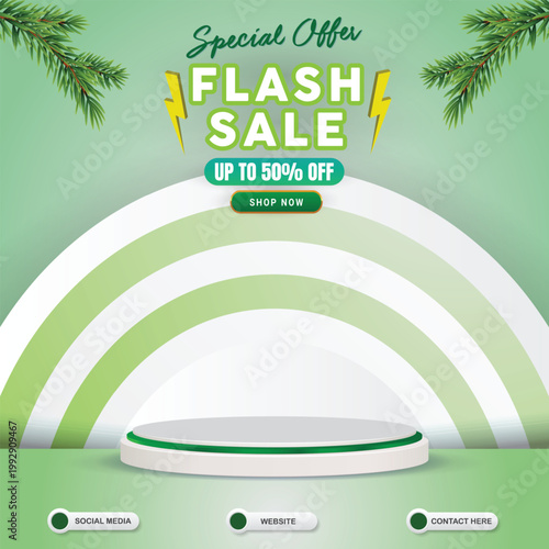 special offer flash sale discount social media template banner post with blank space 3d podium for product sale with abstract gradient green and white background design